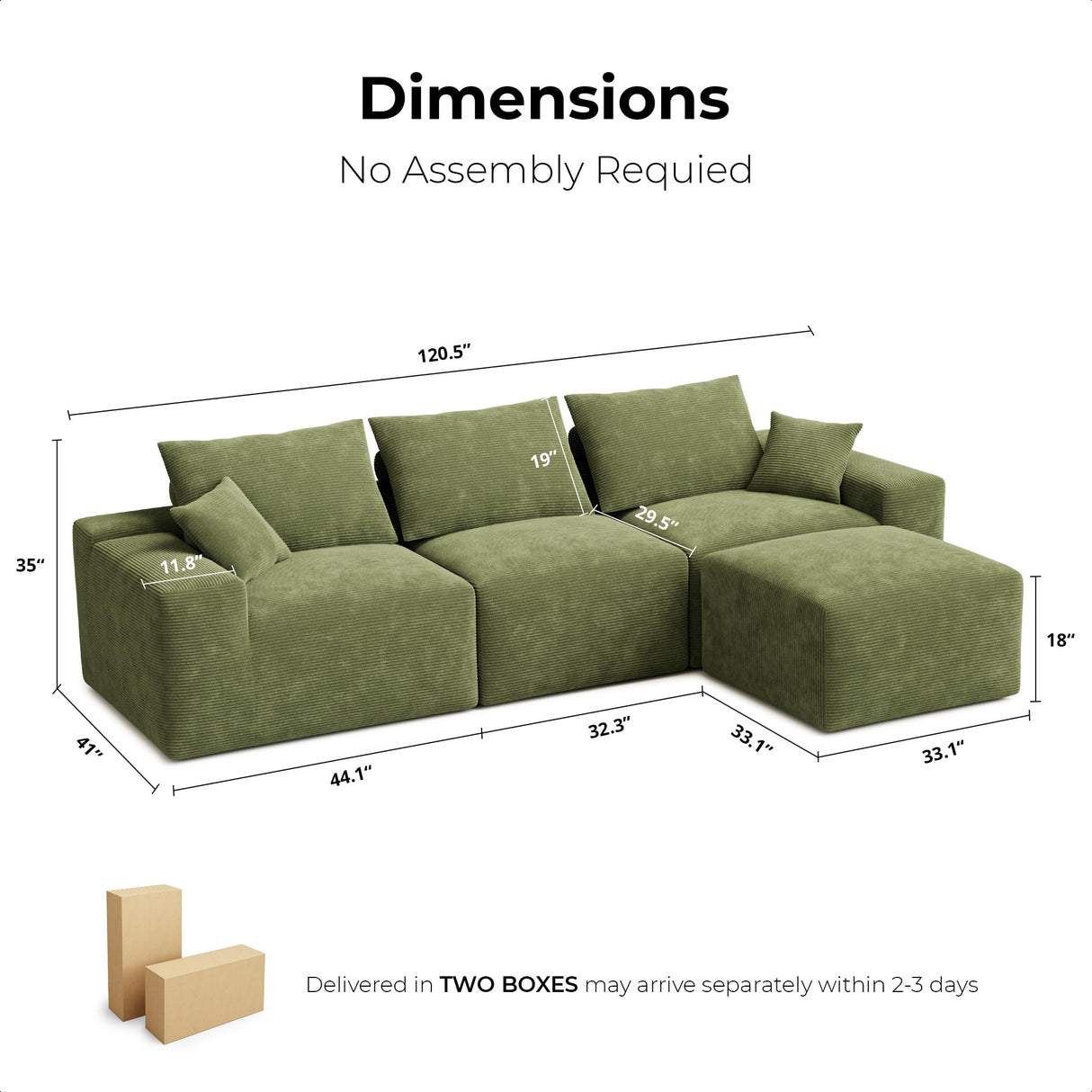 LIKIMIO 120" Modern L-Shaped Modular Sectional Sofa for Living Room, Corduroy Upholstery Green, Oversized 3-Seater Couch with Deep Seat and Movable Ottoman – No Assembly LIKIMIO