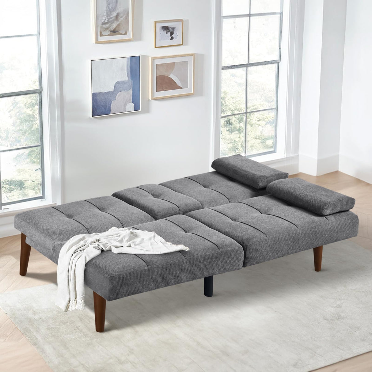 COLAMY Futon Sofa Bed-Fabric Small Futon Couch, Futon Lounge Sofa, Futon Convertible with 2 Cup Holders, Removable Soft Armrest, Adjustable Backrest for Dorm/Bedroom/College Lightgrey COLAMY