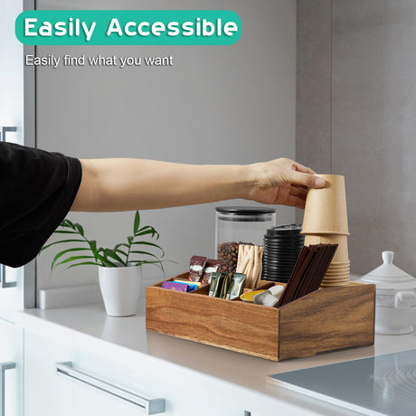 Acacia Wood Coffee Station Organizer for Countertop - 7 Compartments Coffee Bar Accessories and Organizer with Removable Dividers - Coffee and Tea Condiment storage Organizer for Coffee Bar Decor ALELION