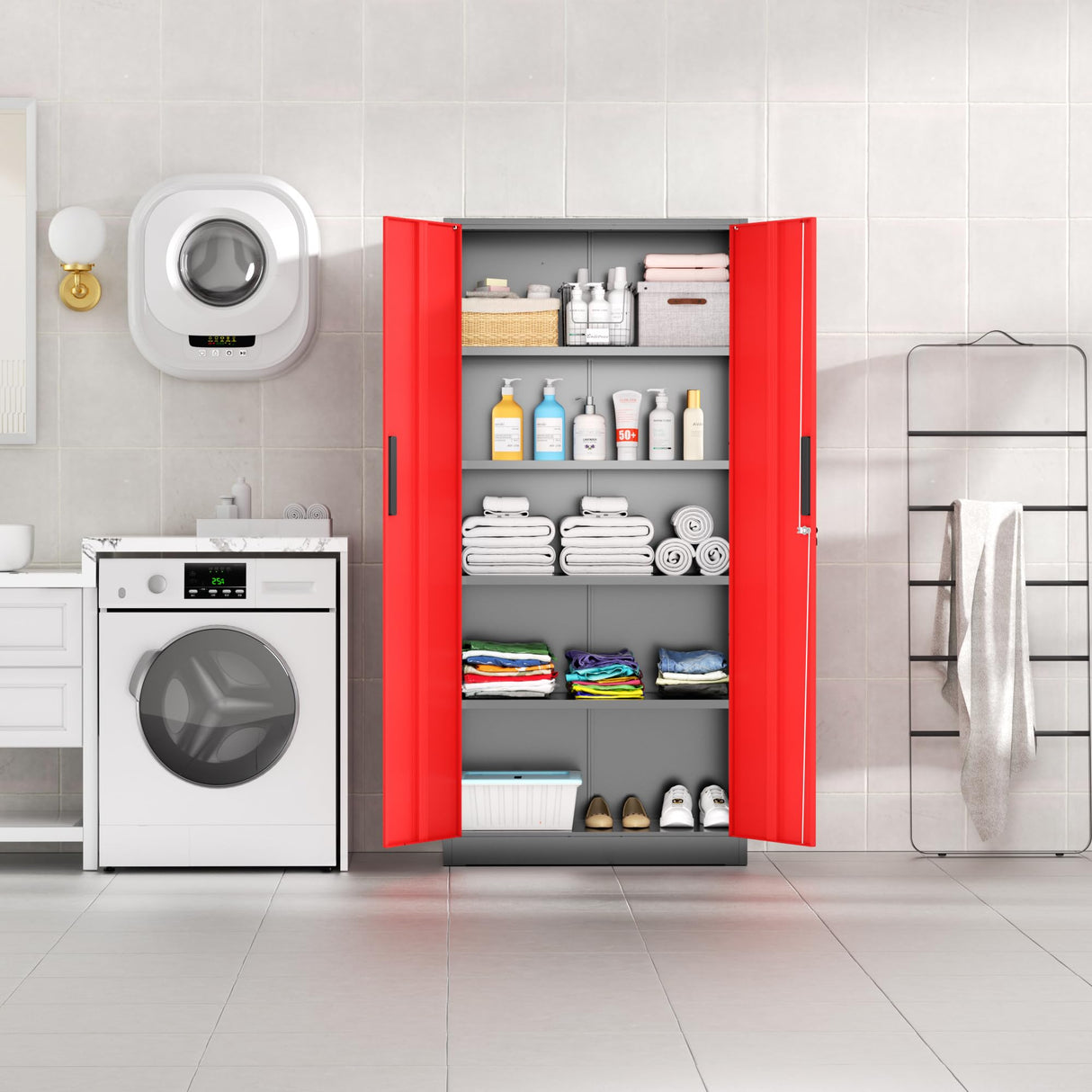 Bonusall 72" Metal Garage Storage Cabinet, 2 Locking Doors & 4 Adjustable Shelves Tall Storage, Heavy Duty Steel Tool Cabinet for Home, Office, Warehouse, School (Black Red) Bonusall