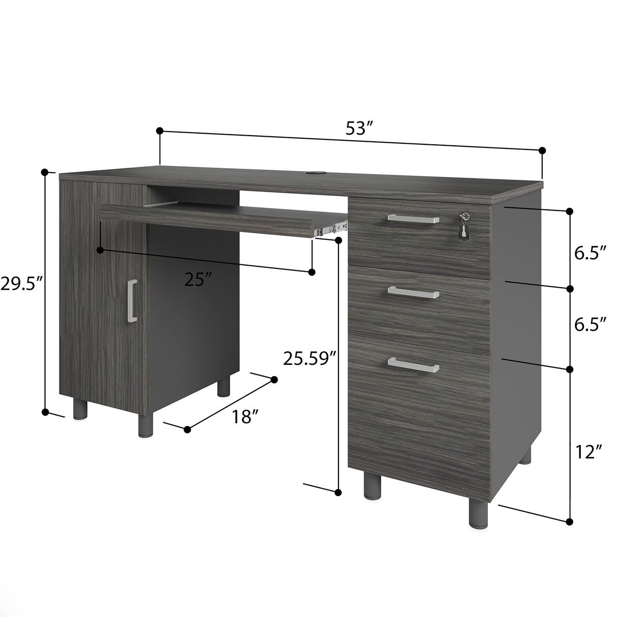 Modern Design Venice Office Computer Desk with 3 Locking Drawers and Storage Cabinet, 53 Inch Home and Office Executive Grey and Black Desk with Keyboard Tray by Crafts and Comfort Modern Design By Crafts & comfort