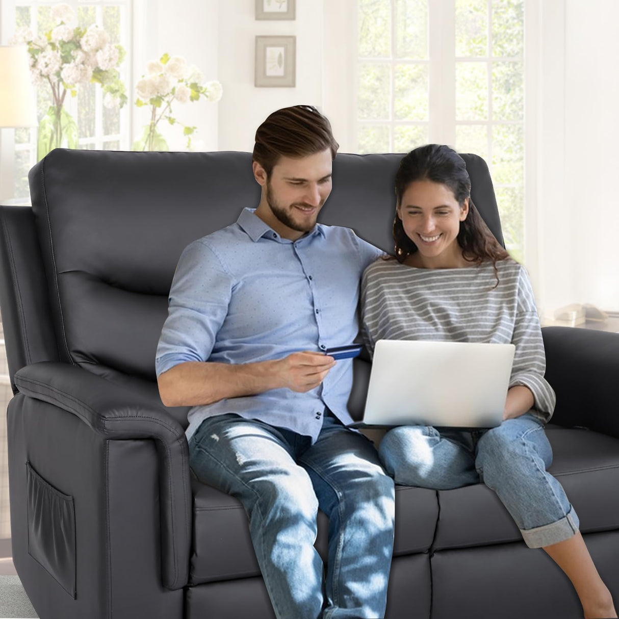 RIHEREFY RV Loveseat Recliner, Double Recliner with Adjustable Footrest/Cup Holder/Side Pocket, RV Wall Hugger Reclining Loveseat, 2-Seater Reclining Sofa Couch for Living Room & Home Theater RIHEREFY