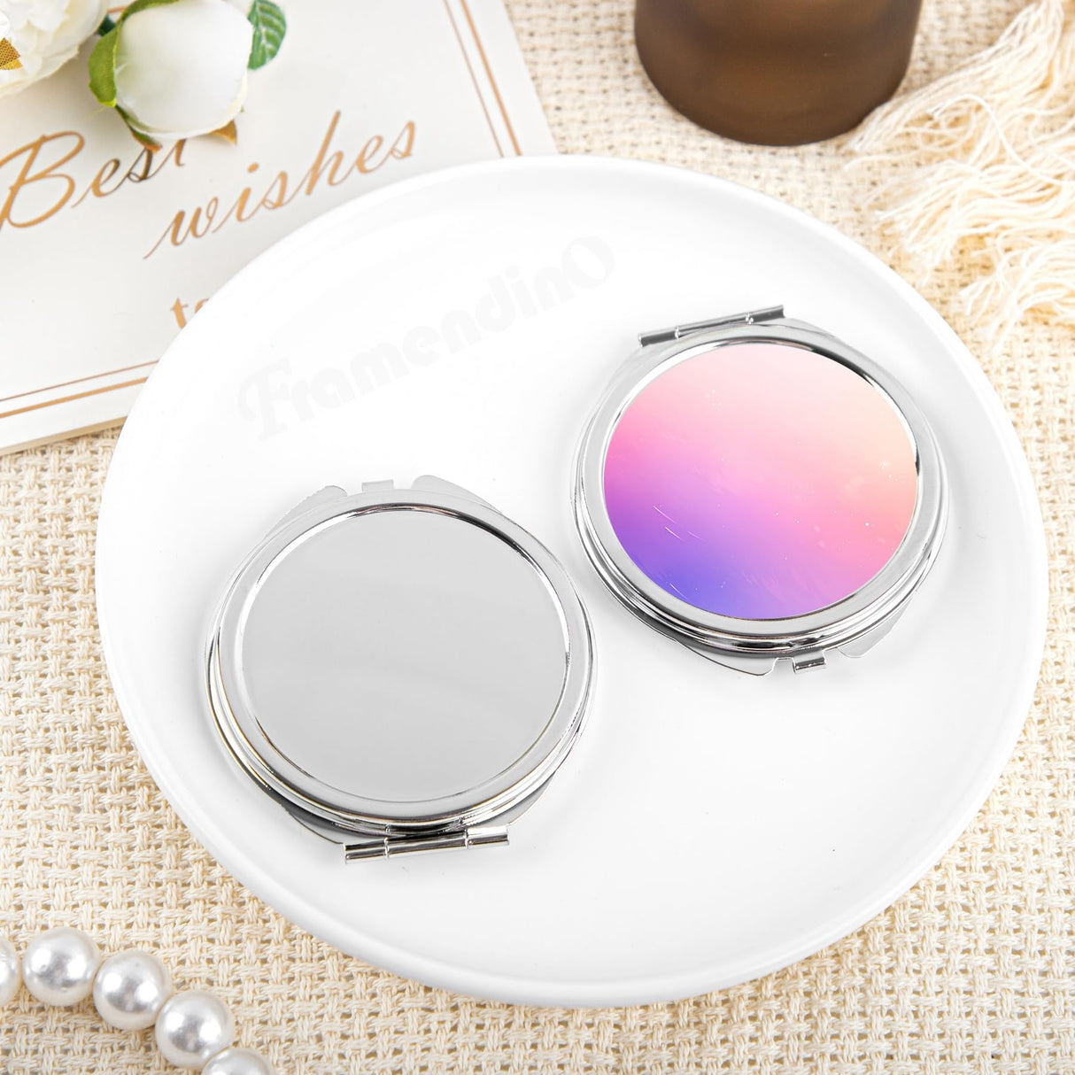 Framendino, 12 Pack Sublimation Cosmetic Mirror Blanks Transfer Portable Makeup Compact Mirrors Round Folding Travel Mirror for Women Framendino