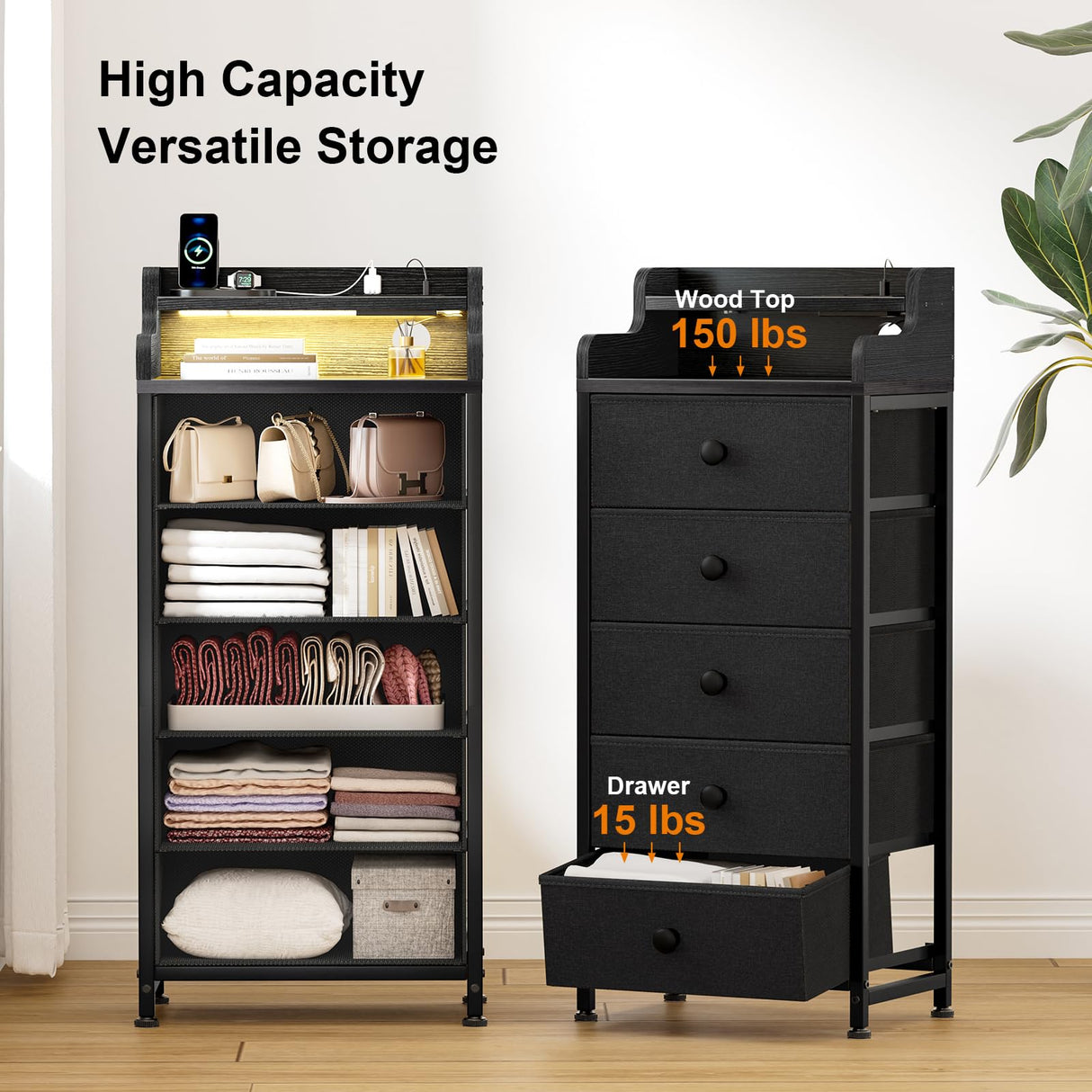 REAHOME Dresser for Bedroom with Charging Station and LED Lights, 5 Drawers Dresser Black Chest of Drawers with Shelves, Tall Night Stand with Sturdy Steel Frame & Wood Top for Bedroom - Black Grey REAHOME