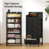 REAHOME Dresser for Bedroom with Charging Station and LED Lights, 5 Drawers Dresser Black Chest of Drawers with Shelves, Tall Night Stand with Sturdy Steel Frame & Wood Top for Bedroom - Black Grey REAHOME