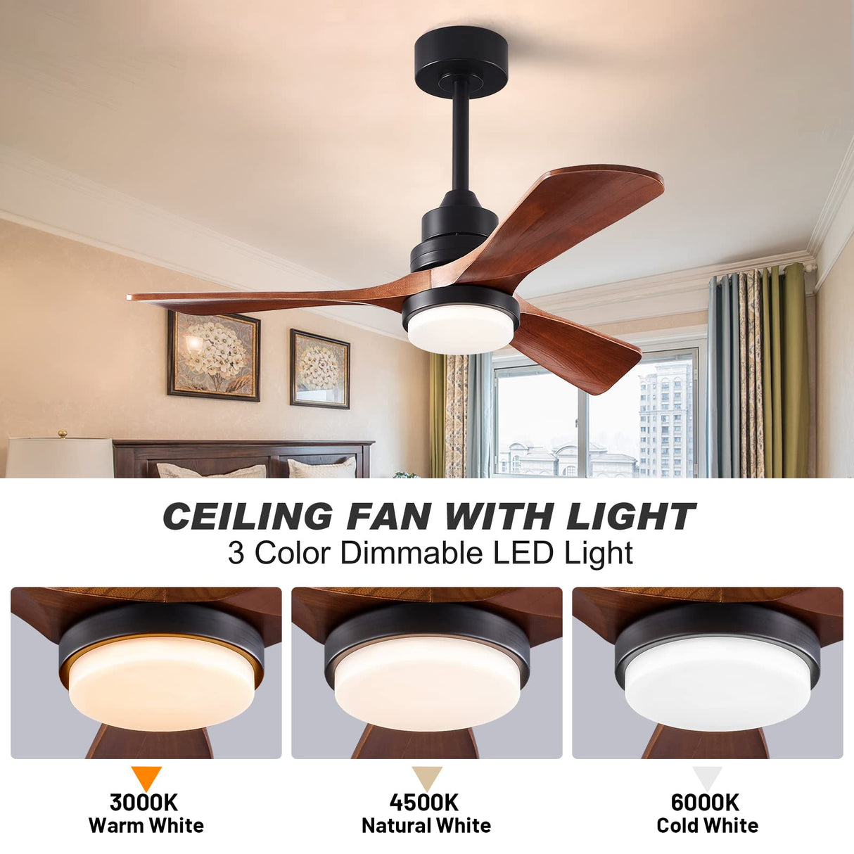 FXZZ 42" Wood Ceiling Fans with Lights and Remote, Quiet Reversible DC Motor and 3 Color LED Light, 3 Blades 6 Speed Ceiling Fan for Farmhouse Living Room Bedroom Dining Room Workroom Study FXZZ