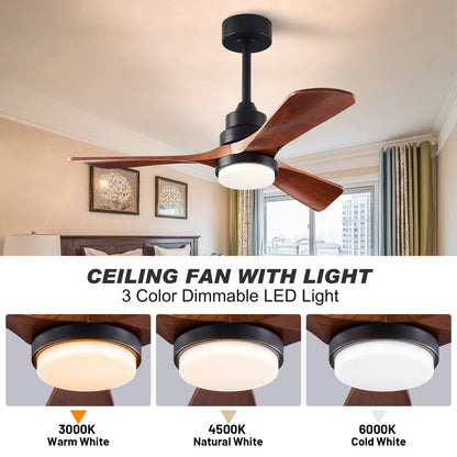 FXZZ 42" Wood Ceiling Fans with Lights and Remote, Quiet Reversible DC Motor and 3 Color LED Light, 3 Blades 6 Speed Ceiling Fan for Farmhouse Living Room Bedroom Dining Room Workroom Study - WoodArtSupply