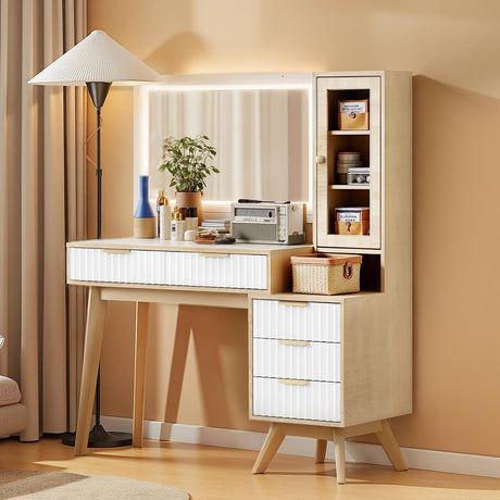 Mixcous 47" Makeup Vanity Desk with Mirror and Lights, Dressing Table Sets with Power Outlet, Vanity with Glass Top, Fluted Vanity with 5 Drawers for Bedroom, 3 Color Lighting Adjustable Brightness Mixcous