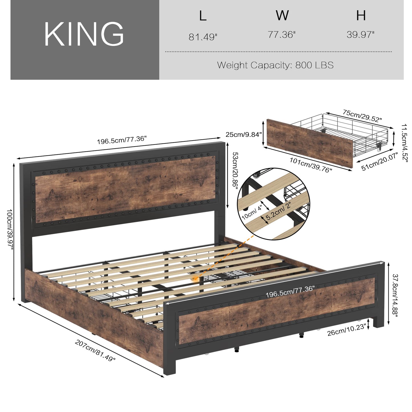 Keyluv Vintage Brown King Bed Frame with 4 Storage Drawers and Rivet Headboard - WoodArtSupply