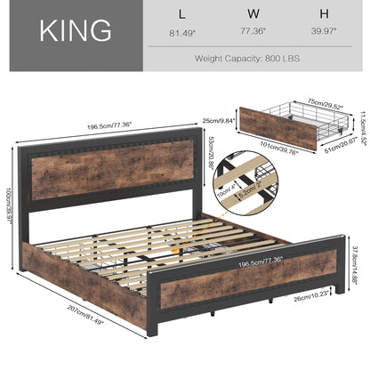 Keyluv Vintage Brown King Bed Frame with 4 Storage Drawers and Rivet Headboard - WoodArtSupply