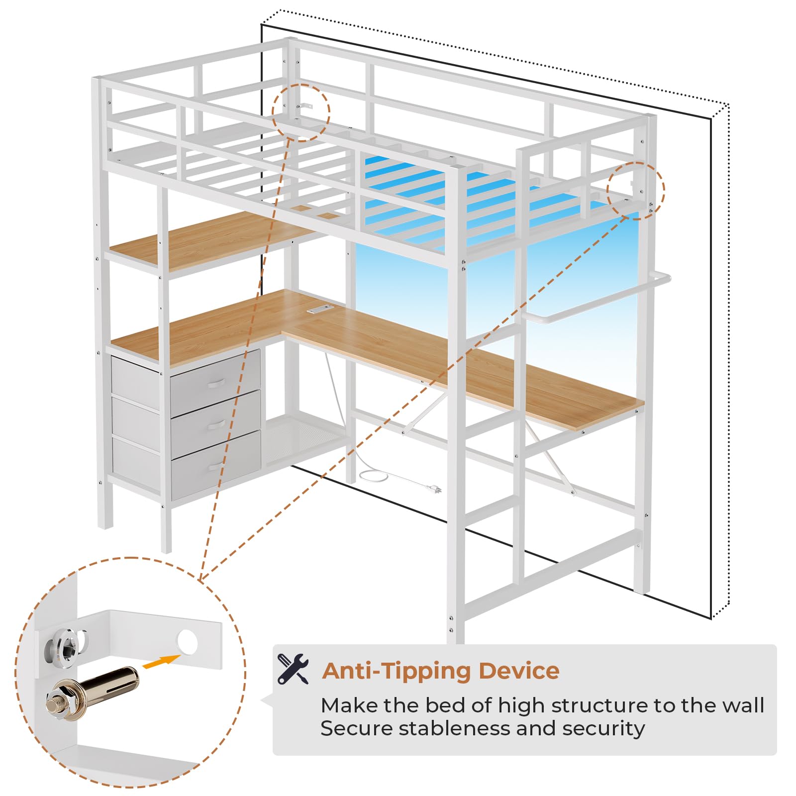 DICTAC Twin Loft Bed with L-Shaped Desk, LED Lights & Charging Station – Space-Saving Metal Frame with Storage Shelves & Drawers in White - WoodArtSupply