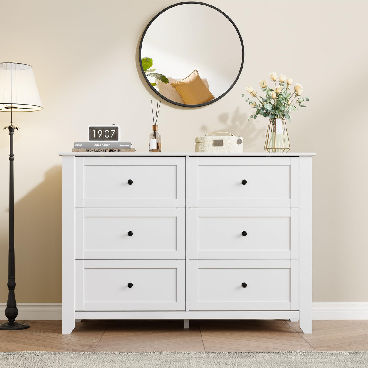 IDEALHOUSE White Dresser for Bedroom, Large 6 Drawer Dresser with Deep Drawers & Metal Knobs, Modern Wooden Double Chests of Drawers for Entryway, Hallway IDEALHOUSE