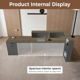 Huariifowm Modern L Shape Reception Desk with Counter,Stylish Front Desk Reception Counter with Drawers, Open Shelves, and Keyboard Tray (Tobacco Wood+Iron Gray/Right, 79" L*24" W*41" H) Huariifowm