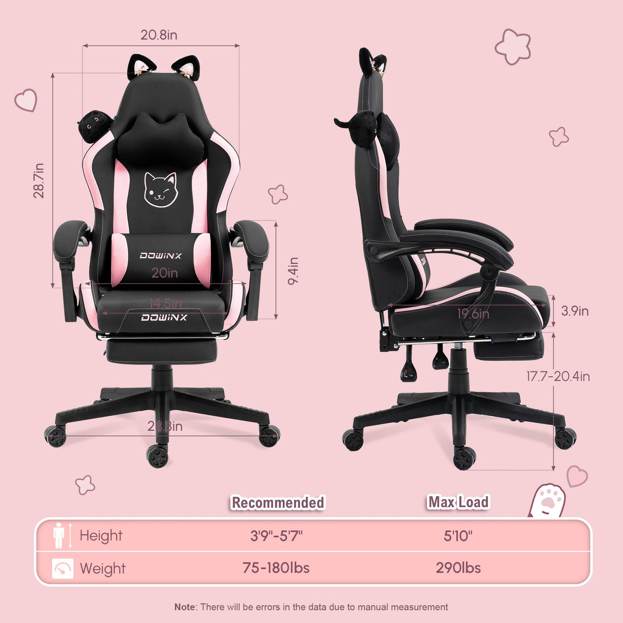 Dowinx Gaming Chair Cute with Cat Ears and Massage Lumbar Support, Ergonomic Computer Chair for Girl with Footrest and Headrest, Comfortable Reclining Game Chair 290lbs for Adult, Teen, Black Dowinx