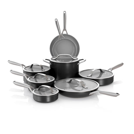 Ninja NeverStick Ceramic Pro 14-Piece Cookware Set, Non-Stick Pots & Pans Set with Glass Lids, Ceramic, Stainless Steel, Stove to Oven Safe, All Stovetops & Induction Compatible, Black, CW39014BK Ninja