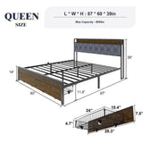 HAOARA Queen Size Metal Platform Bed Frame with 2 Storage Drawers & LED Light, Velvet Button-Tufted Headboard with Outlet & USB Charging Port, Heavy Duty, Brown Wooden Panel, No Box Spring Needed HAOARA