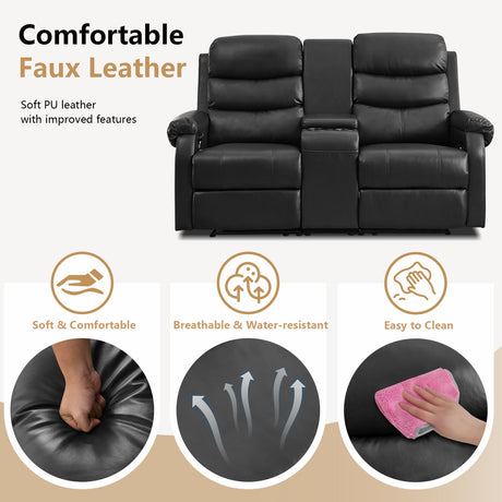 ZRNINR Loveseat Reclining Sofa, Home Theater Seating with Center Console, RV Recliner Sofa with Cup Holders and Pockets, Manual Double Seater Recliner for Living Room, Motor Home, Cinema(Black) ZRNINR