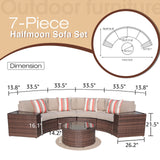 SUNSITT Outdoor 7-Piece Half-Moon Sectional Furniture Set with Round Coffee Table, Patio Curved Sofa Set, Beige Cushion and Brown Wicker, Incl. Waterproof Cover SUNSITT