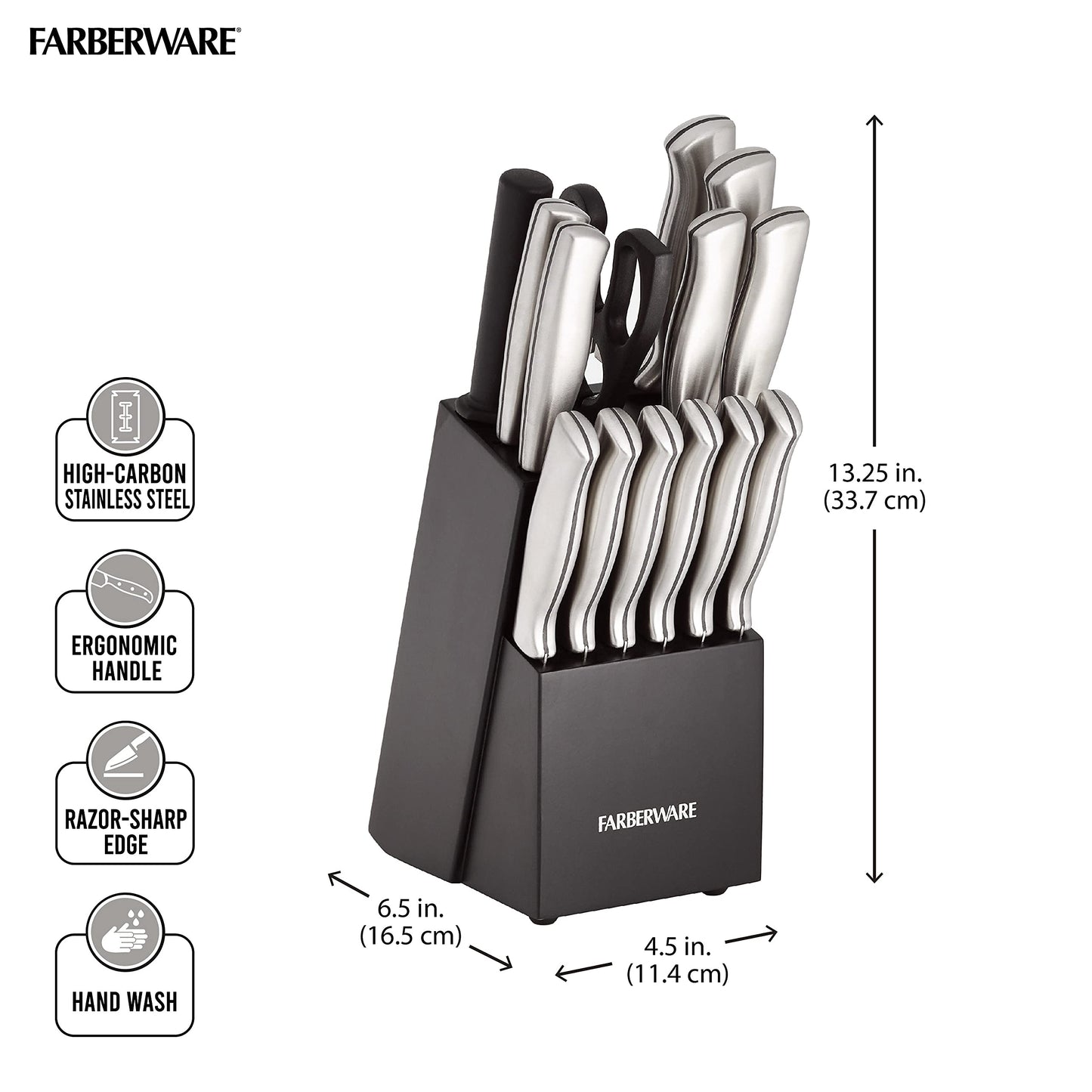 Farberware 15-Piece High-Carbon Stamped Stainless Steel Kitchen Knife Set with Wood Block, Steak Knives, Razor-Sharp, Black, Ultra-Sharp Blades, Ergonomic Comfort Grip