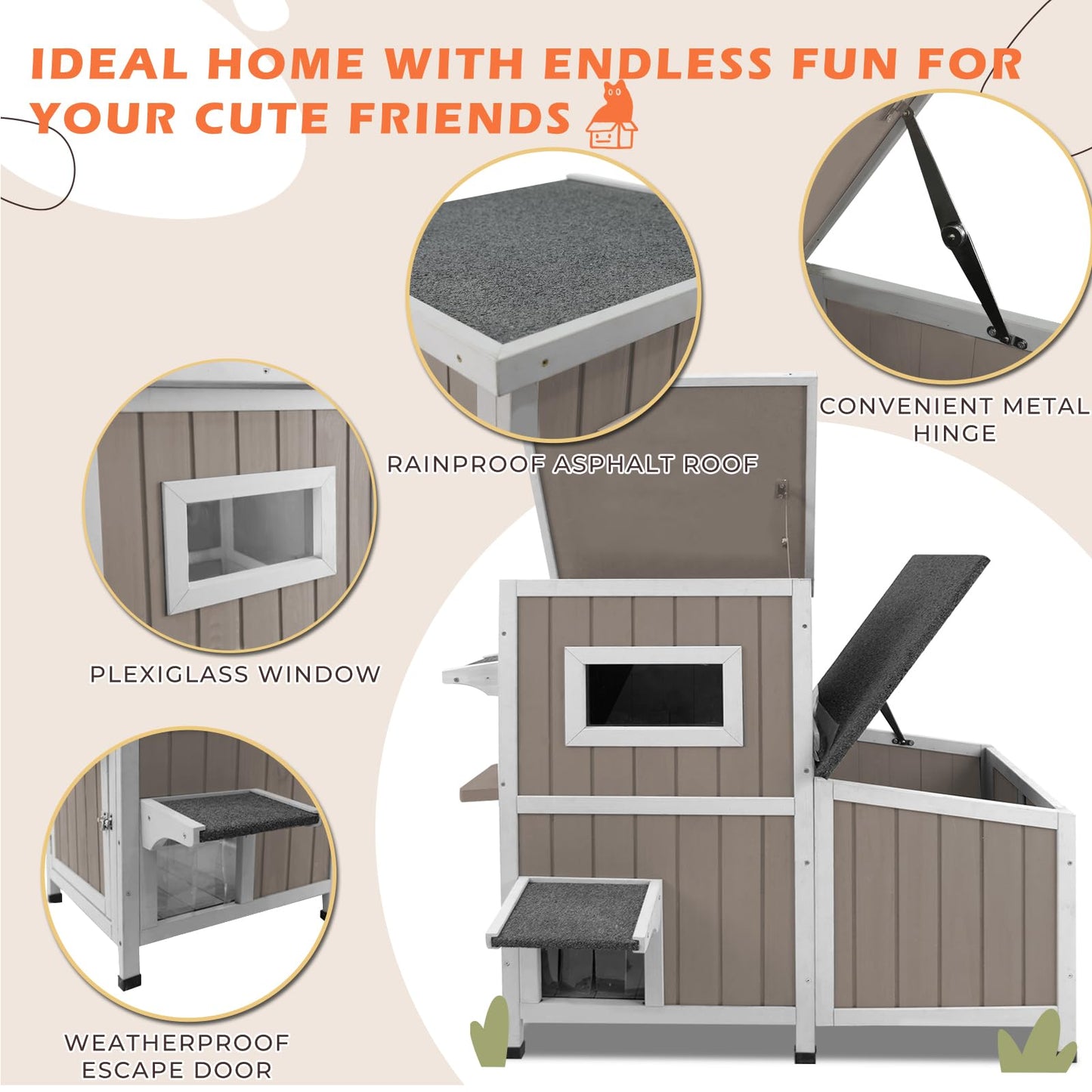 Gowoodhut 36.1" L Outdoor Cat House,2 Story Wooden Outdoor Cat Shelter with 3 Escape Doors,Weatherproof Fir Wood Feral Cat House with 2 Big Rest Room & Openable Asphalt Roof for 2-3 Cats