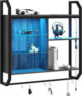Bestier Gaming Floating Shelves, 34" LED Wall Mounted Shelf with Adjustable Glass Shelf, Pipe Shelves Hanging Display Rack Bookshelf with 6 S-Hook, Gaming Room Decor Wine Coffee Bar Black Bestier