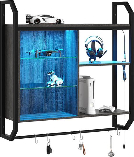 Bestier Gaming Floating Shelves, 34" LED Wall Mounted Shelf with Adjustable Glass Shelf, Pipe Shelves Hanging Display Rack Bookshelf with 6 S-Hook, Gaming Room Decor Wine Coffee Bar Black Bestier