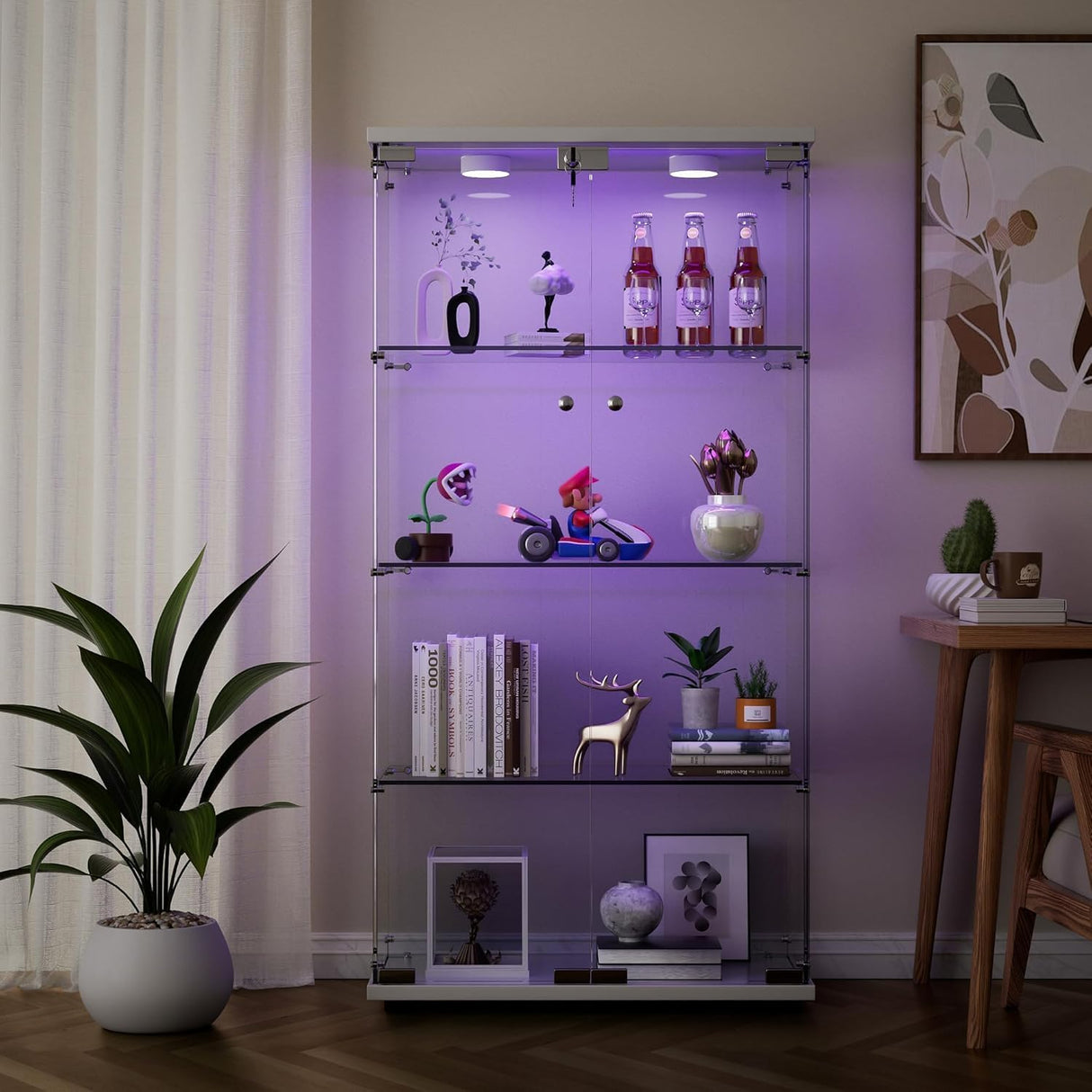 Maotifeys 64" Glass Cabinet, 4 Shelves Glass Display Cabinet with LED Lights, Glass Storage Cabinet with 2 Doors, Curio Cabinet Toy Organizers Rack, Display Shelf, Kids Bookshelf for Bedroom, White Maotifeys