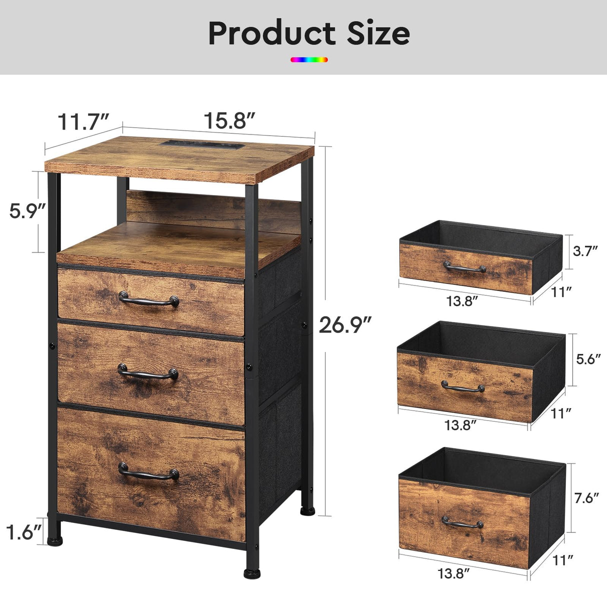 YeTom Nightstand with Charging Station, LED Night Stand with Drawers (Fabric), Bedside Table with Open Shelf, End Table with Steel Frame, 3 Drawer Dresser for Bedroom, Small Space, Rustic Brown YeTom