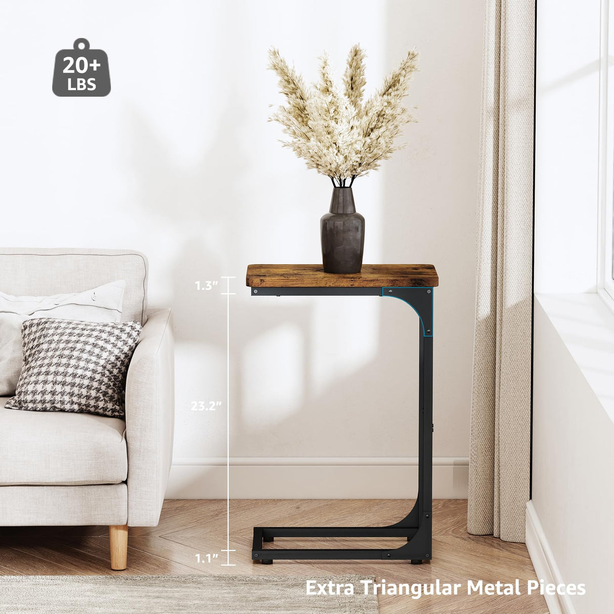 QEEIG Narrow C Shaped Side Table Set of 2 Living Room Sets Slim Couch Tray Tables Skinny Thin Small Farmhouse 9.5 inch Width, Rustic Brown (017-24BN) QEEIG