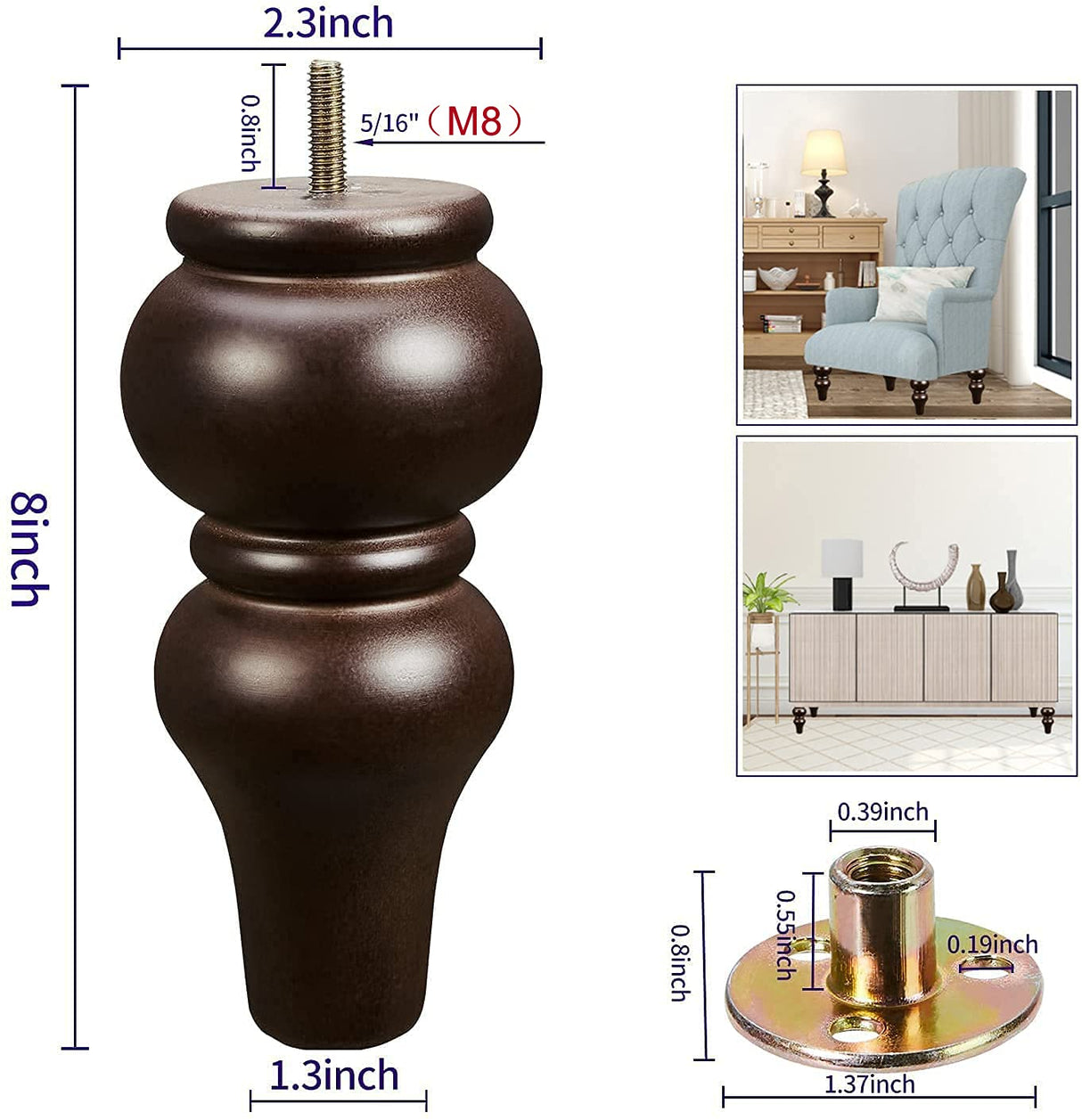 SHANJUE Wood Furniture Legs 8 inch Sofa Legs Pack of 4,Round Couch Legs Espresso Mid Century Chair feet Replacement,Sofa Replacement Parts SHANJUE