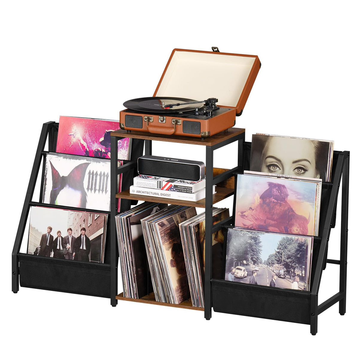 LELELINKY Record Player Stand with Vinyl Storage, 3 Tier Turntable Stand with Display Shelf Storage Up to 180 Albums,Brown End Table Records Cabinet for Media Stereo Speaker, Amplifiers, Magazines LELELINKY