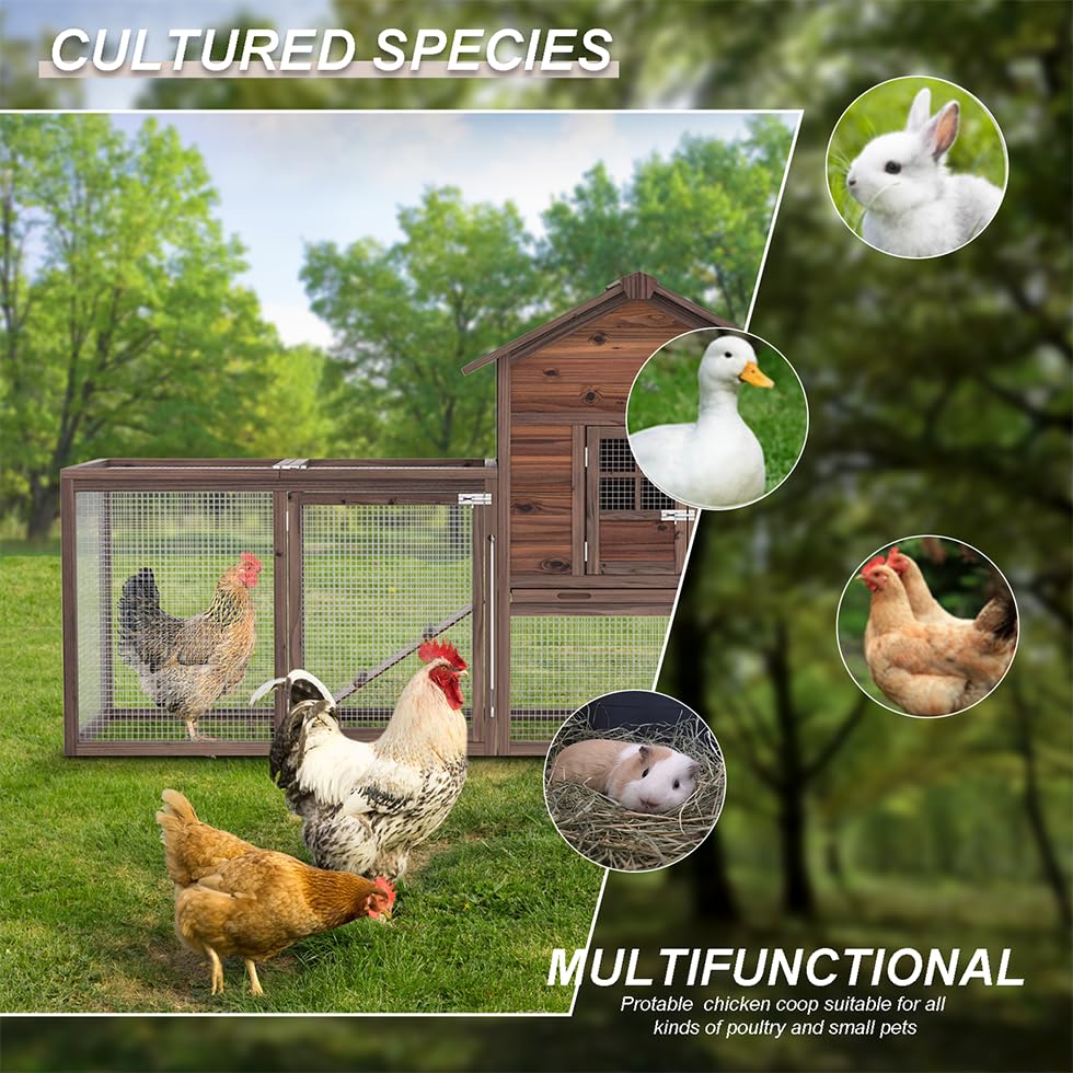 Wooden Chicken Coop, 80IN Outdoor Chicken Cages and Run with Nesting Boxes for 2-4 Chickens, Hen Run Poultry Pet House Rabbit Hutch with Waterproof Roof & Removable Tray for Backyard Poultry (ONE) TANGJEAMER