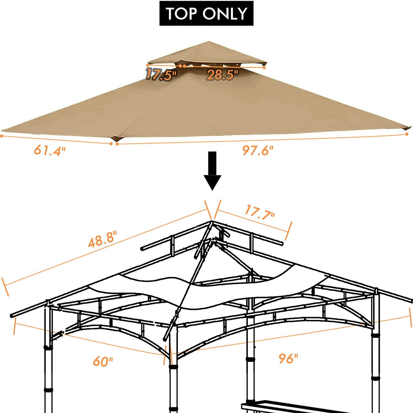 Ontheway 5FT x 8FT Double Tiered Replacement Canopy Grill BBQ Gazebo Roof Top Gazebo Replacement Canopy Roof (Light Brown)