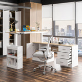 MOUMON L Shaped Standing Desk with Drawers and Shelves, Executive Desk Adjustable Height Desk, L-Shaped Design, 63 inch Tabletop, for Office Bedroom Oak and White (63”W x 63”D x 28.5-45.3”H) MOUMON