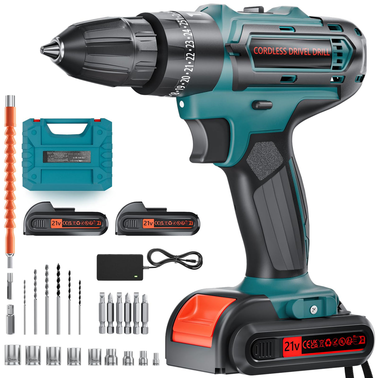 Cordless Power Drill Set with Battery and Charger,21V Cordless Drill Set, 25+3 Torque,2 Variable Speeds Electric Drill Set with 3/8'' Keyless Chuck,LED lights,2 Batteries UIFGVJH