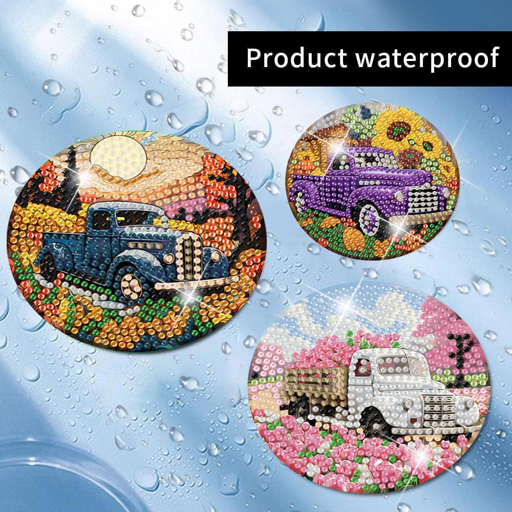 8 Pcs Diamond Art Coasters Kits - All Season Diamond Painting Coasters with Holder Cork Pads DIY Truck Art Dots Painting Set for Adults Beginners Crafts Meothan