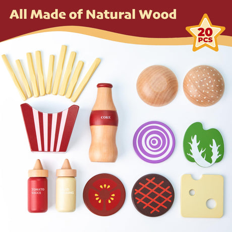 Wooden Play Food for Kids Pretend Hamburger Set Fast Food Toy Play Kitchen Accessories for Toddlers Toy Food Gift for Boys Girls Educational Toys Toywoo
