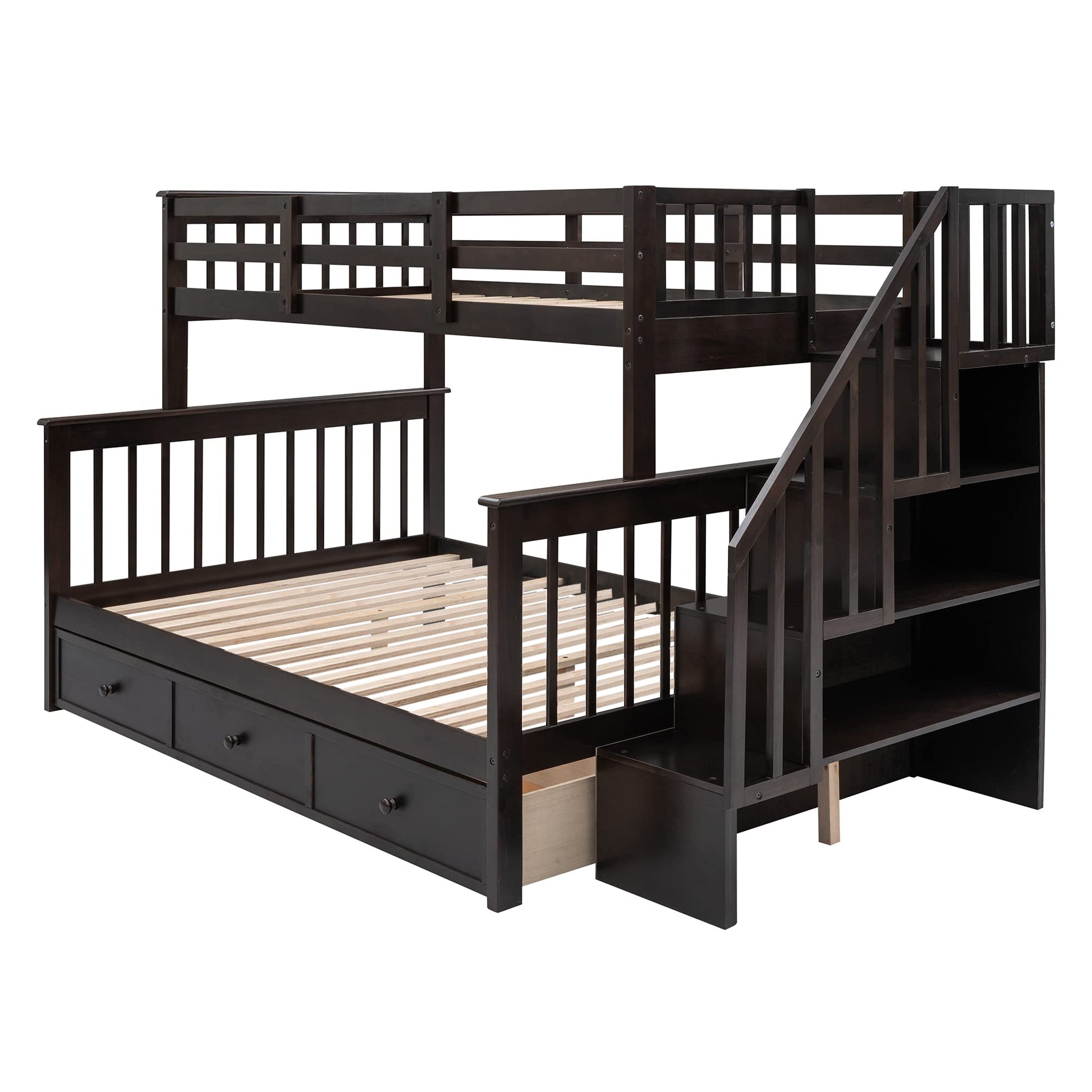 Espresso Twin Over Full Bunk Bed with Storage Drawers and Safety Stairway by Harper & Bright Designs - WoodArtSupply