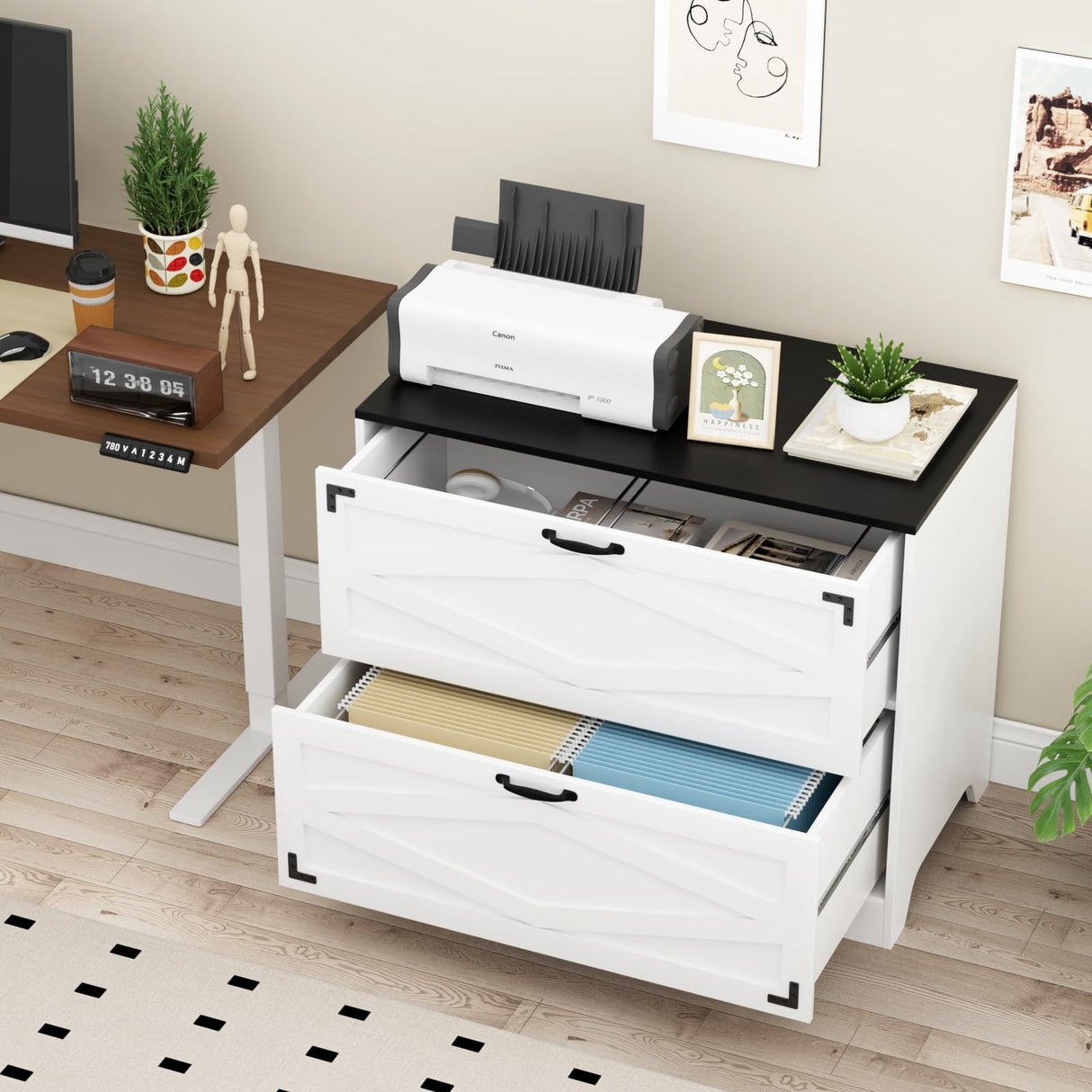 VOWNER 2 Drawer Farmhouse File Cabinet, Wood Lateral Filing Cabinet for Home Office, Large File Storage Printer Stand for A4/Letter Size Files, with Anti-tilt Mechanism, 35" W x 20" D x 29" H, White VOWNER