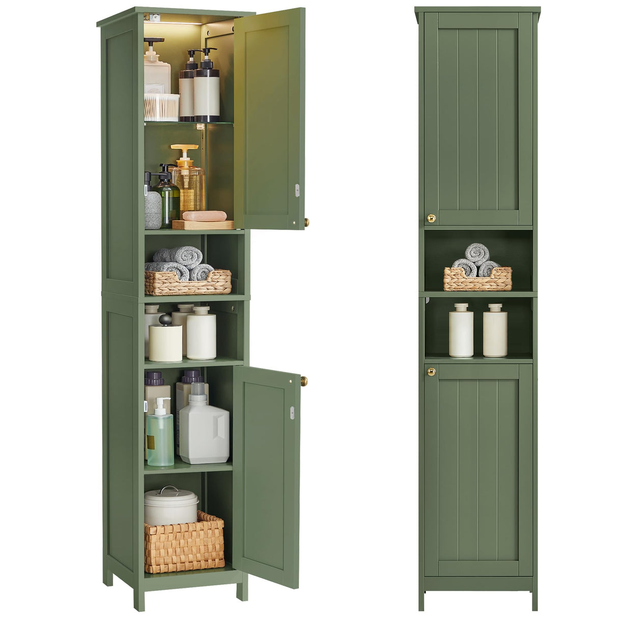 VASAGLE Tall Storage Cabinet with Lights, Slim Freestanding Cabinet with Adjustable Shelves, for Small Spaces, Bathroom, Living Room, Modern, 15.7 Inches Wide, Forest Green UBBC766C01 VASAGLE