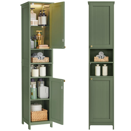 VASAGLE Tall Storage Cabinet with Lights, Slim Freestanding Cabinet with Adjustable Shelves, for Small Spaces, Bathroom, Living Room, Modern, 15.7 Inches Wide, Forest Green UBBC766C01 VASAGLE