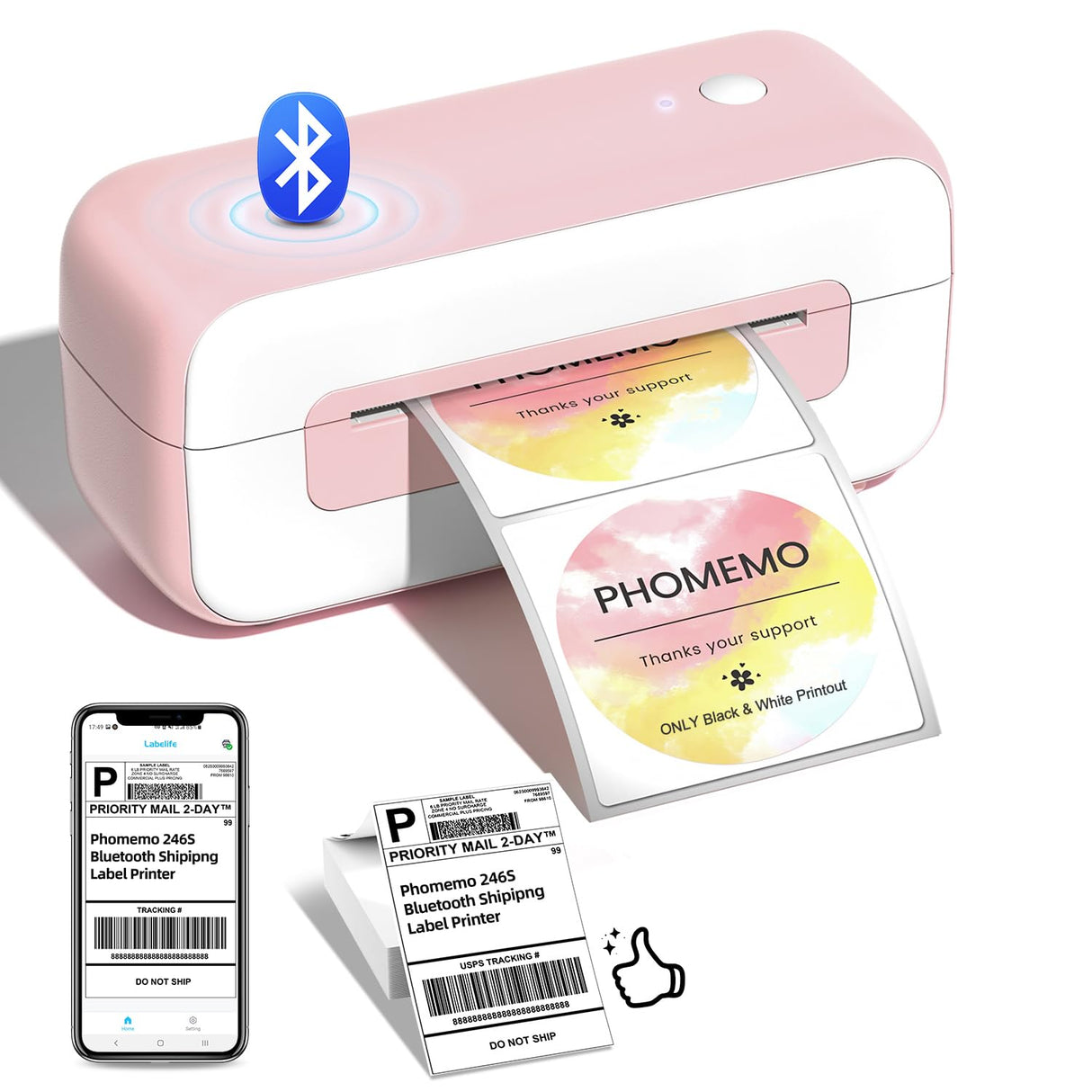 Phomemo Bluetooth Thermal Shipping Label Printer, 2025 Upgrade 4x6 Desktop Thermal Label Printer for Shipping Packages/Small Business/Office/Home, for Amazon, Ebay, Shopify, Etsy, UPS, FedEx - Pink Phomemo