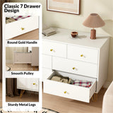 Tradare 7 Drawer Dresser and Night Stand Sets for Bedroom, Two Drawers Nightstand Set of 2 & 7 Drawer Dresser with Gold Handle, Modern White and Gold Dresser Set Tradare