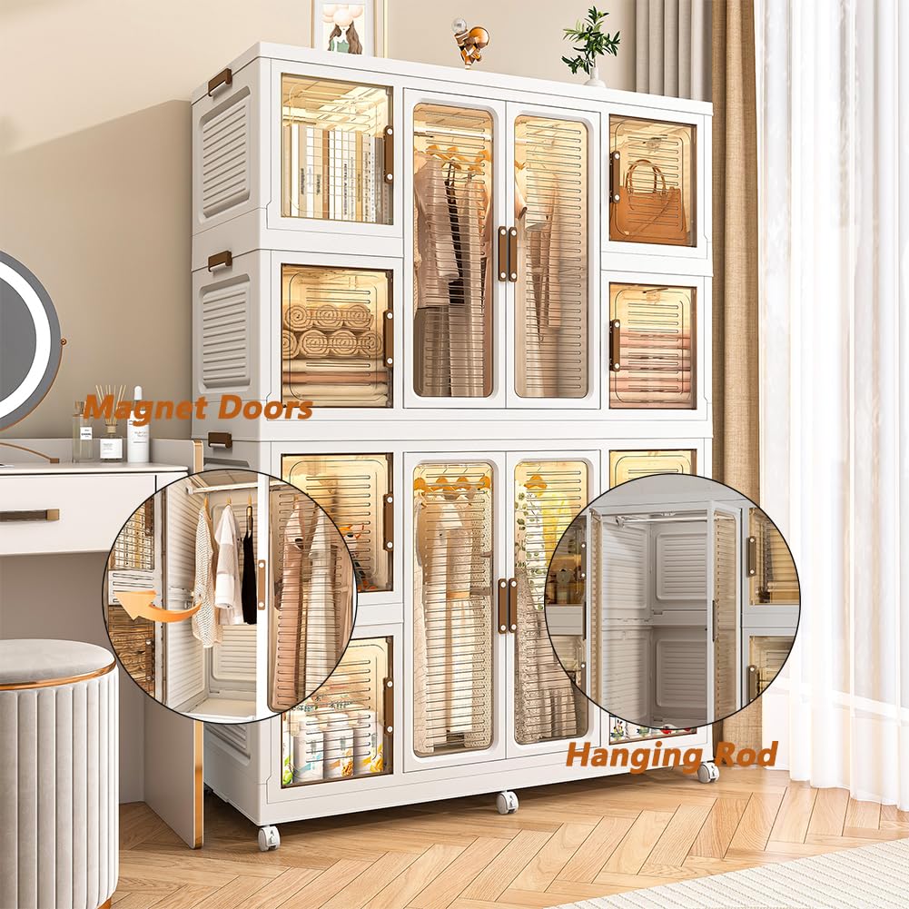 Portable Wardrobe Closet, Plastic Wardrobe with Magnetic Transparent Door, 8 Cubes & 2 Hanging Rod, Easy Assemble Clothing Storage, Collapsible Closet Organizer for Living Room Bedroom CuisinSmart