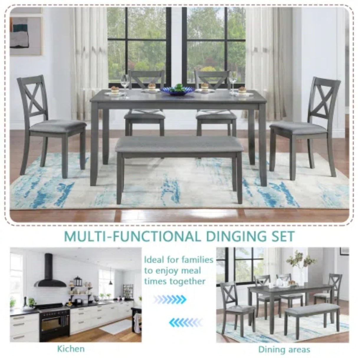 Trygoal 6-Piece Dining Table Set for 4-6 People, Kitchen Set with 4 Upholstered Chairs and One Bench, Living Room Chairs with X-Shape Backrest, Rectangular Wooden Table for Home Bar and Kitchen, Gray Trygoal