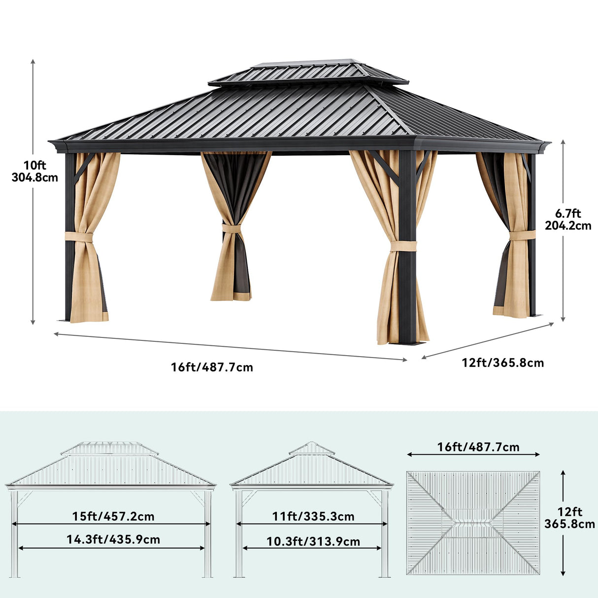 DWVO 12x16ft Hardtop Gazebo Double Roof with Nettings and Curtains, Heavy Duty Galvanized Steel Outdoor Vertical Stripes Roof for Patio, Backyard, Deck, Lawns, Brown DWVO