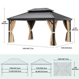 DWVO 12x16ft Hardtop Gazebo Double Roof with Nettings and Curtains, Heavy Duty Galvanized Steel Outdoor Vertical Stripes Roof for Patio, Backyard, Deck, Lawns, Brown DWVO