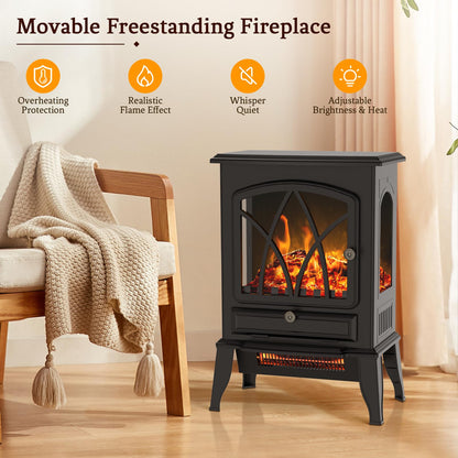 Electric Fireplace Stove with Realistic Flame Effects, 16" Infrared Fireplace Heater Freestanding, Adjustable Brightness and Thermostat, Overheating Safe Design, 1000W/1500W