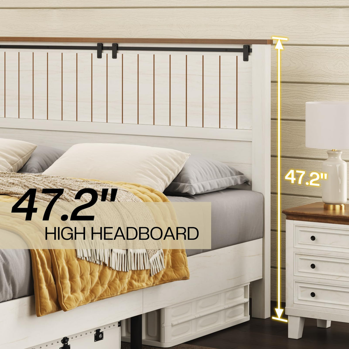 LUXOAK Farmhouse Full Size Bed Frame with 47" Tall Headboard, Wooden Bed Frame with Groove Sliding Barn Door Footboard, Platform Bed with Wood Slats Support, Noiseless No Box Spring Needed, White LUXOAK