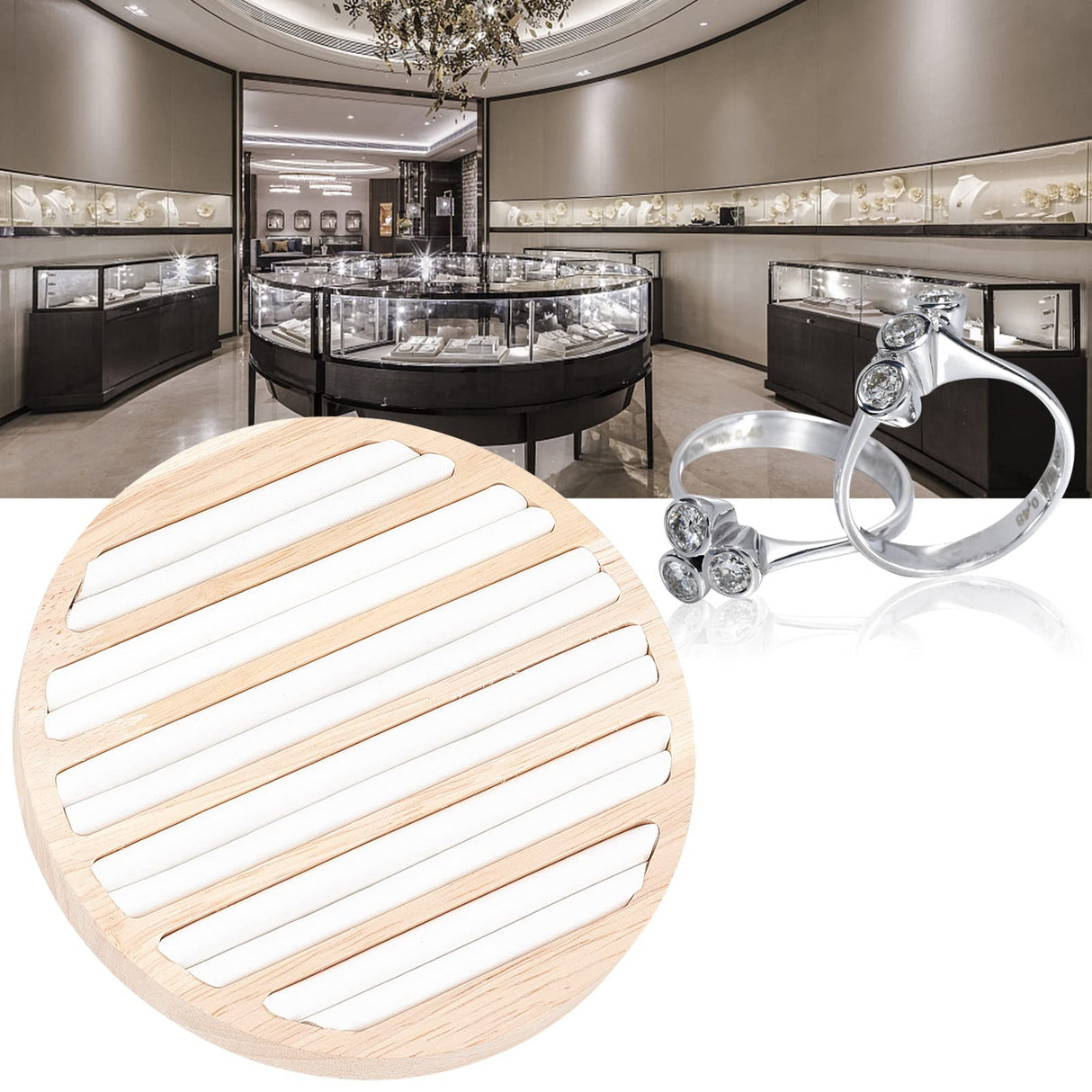 NBEADS Wooden Jewelry Display Tray, 6 Long Slots Ring Earring Display Storage Holder White Leather Insert Jewelry Organizer Tray for Jewelry Retail Display Selling(5.89" In Diameter) NBEADS